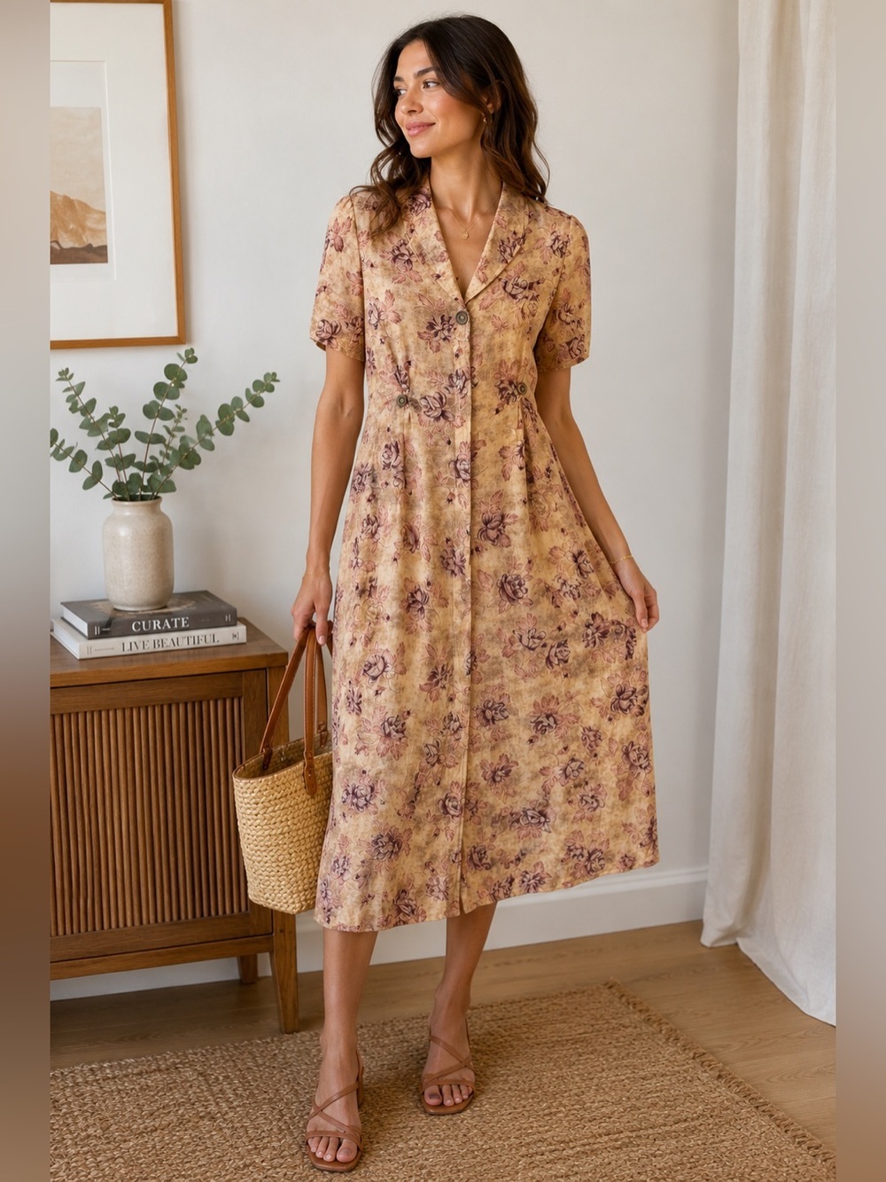 David Dart Mauve Floral Button-Front Vintage Midi Dress Size M Cottagecore